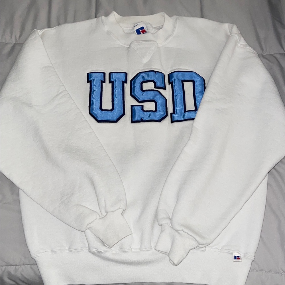 Russell Athletic White and Blue Crewneck Sweater